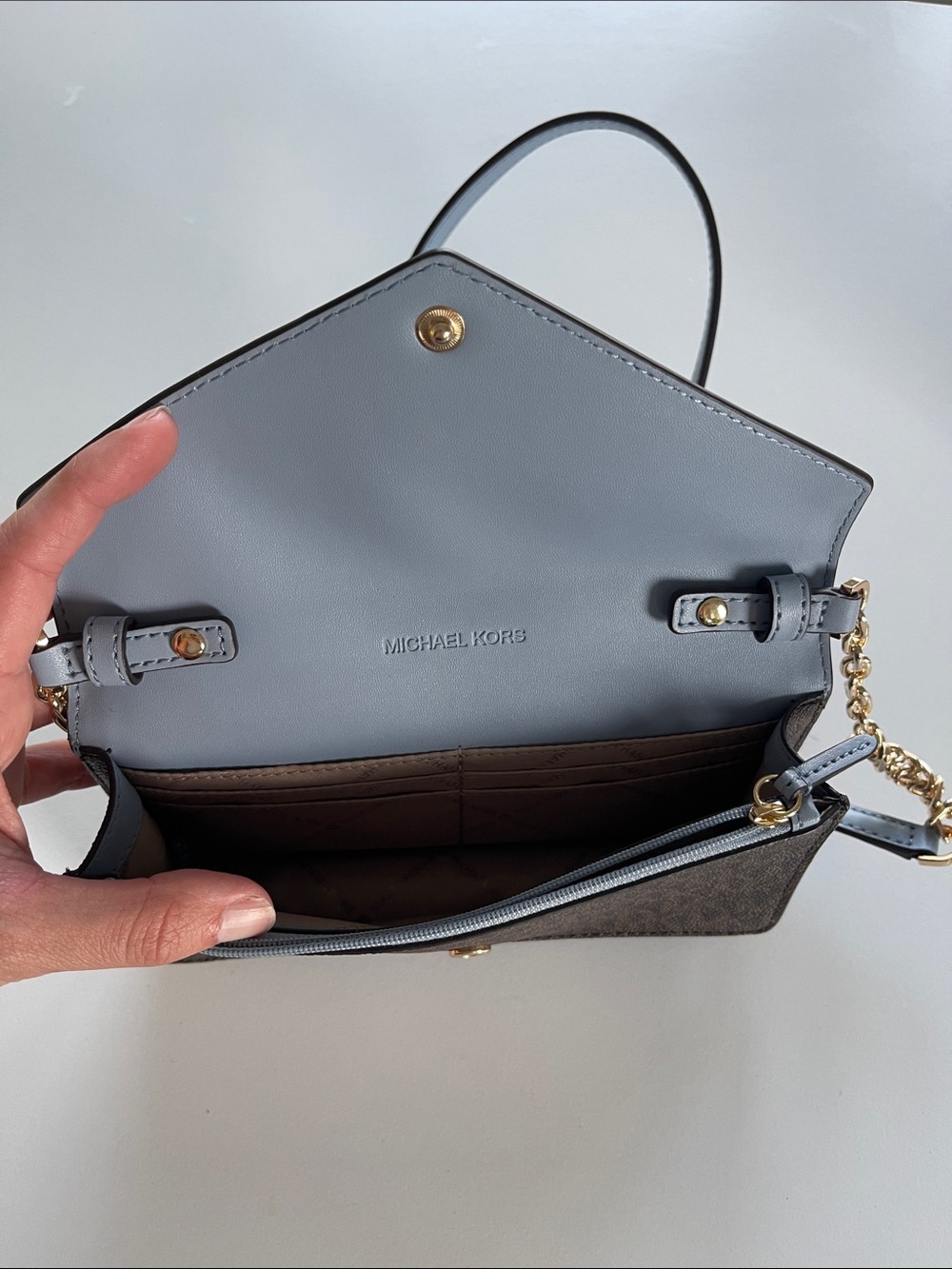 Michael Kors Two-Tone Envelope Crossbody in Light Blue and Brown - Picture 10 of 13